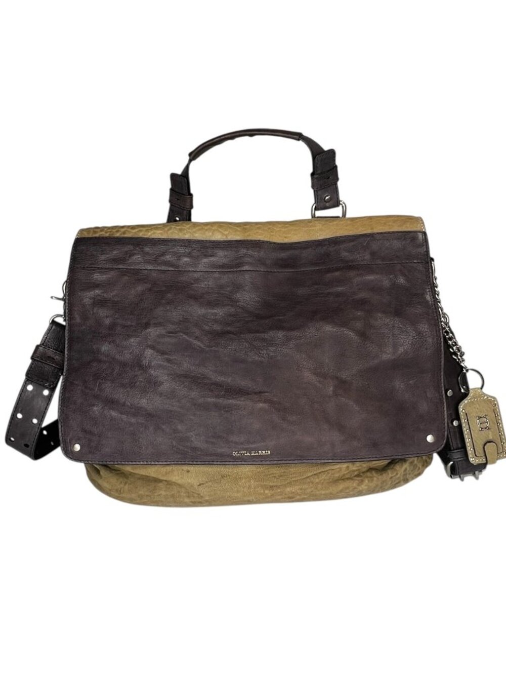 Olivia Harris Large Leather Flap Crossbody Bag Top Handle Croc Two Tone Brown